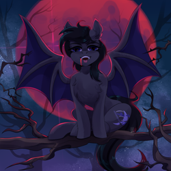 Size: 2350x2350 | Tagged: artist needed, source needed, safe, oc, oc only, oc:midnight blitz, bat pony, pony, undead, vampire, vampony, black hair, blood, chest fluff, ear fluff, fangs, gray coat, high res, moon, open mouth, solo, spread wings, tree branch, wings