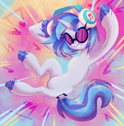 Size: 2129x2166 | Tagged: safe, artist:bishopony, dj pon-3, vinyl scratch, pony, unicorn, g4, abstract background, female, grin, headphones, high res, mare, music notes, signature, smiling, solo, unshorn fetlocks