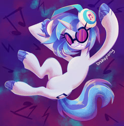 Size: 2129x2166 | Tagged: safe, alternate version, artist:bishopony, dj pon-3, vinyl scratch, pony, unicorn, g4, abstract background, colored hooves, female, grin, headphones, high res, mare, music notes, signature, smiling, solo, unshorn fetlocks