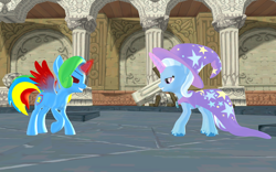 Size: 1920x1200 | Tagged: safe, artist:puzzlshield2, trixie, oc, oc:puzzle shield, alicorn, pony, mlp fim's thirteenth anniversary, g4, 3d, alicorn oc, cape, clothes, duel, fight, hat, horn, magic, mmd, remake, the legend of zelda, trixie's cape, trixie's hat, wings
