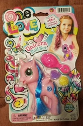 Size: 536x810 | Tagged: safe, alicorn, human, pony, g3, g3.5, ages 4+, barcode, bootleg, brush, choking hazard, comic sans, eyeshadow, female, irl, irl human, made in china, makeup, one love, open mouth, photo, solo, thought bubble, unintentionally hilarious