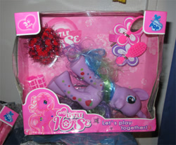 Size: 600x496 | Tagged: safe, holly dash, pinkie pie (g3), pony, unicorn, g3, g4, ages 3+, bootleg, brush, female, hair curlers, mare, mirror, my little horse, photo, styling size, toy