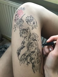 Size: 4032x3024 | Tagged: safe, artist:hysteriana, human, pony, feather, female, flower, humanized, irl, irl human, legs, photo, rose, sketch, tattoo