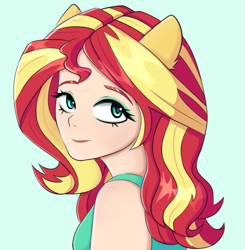 Size: 1921x1959 | Tagged: safe, artist:tanatos, sunset shimmer, human, equestria girls, g4, anime, bust, eared humanization, eyeshadow, green background, humanized, makeup, simple background, solo