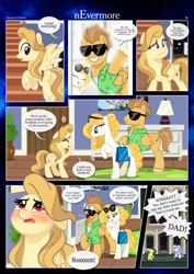 Size: 3259x4607 | Tagged: safe, artist:estories, oc, oc:alice goldenfeather, oc:golden jewel, oc:pauly sentry, pony, comic:nevermore, g4, blushing, comic, overprotective, parent, shipper on deck, stereotype