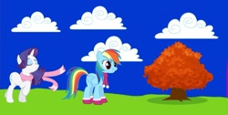 Size: 1080x543 | Tagged: safe, edit, rainbow dash, rarity, pegasus, pony, unicorn, g4, autumn, duo, duo female, female, tree