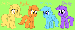 Size: 2493x1012 | Tagged: safe, artist:gillianthecreator36, oc, oc:daisy, oc:dicky, oc:mickey, oc:ricky, earth pony, pegasus, pony, unicorn, g4, female, green background, group, male, mare, owners, pet, pets, ponified, ponified pony pets, quartet, simple background, smiling, species swap, stallion