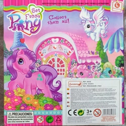 Size: 1280x1281 | Tagged: safe, pinkie pie (g3), serendipity, star catcher, thistle whistle, earth pony, pegasus, pony, g3, barcode, blushing, bootleg, female, flower, flying, french, italian, looking at you, mare, photo, portuguese, set funny pony, spanish, tea party