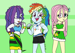 Size: 2480x1754 | Tagged: safe, artist:tmntsam, fluttershy, rainbow dash, rarity, human, equestria girls, g4, alternate clothes, alternate hairstyle, arm muscles, bashful, clothes, dreadlocks, fluttershy boho dress, geode of empathy, geode of shielding, geode of super speed, hair over one eye, hairity, hand on hip, height difference, jamaica, jamaican, jamaican flag, looking at you, magical geodes, midriff, muscles, one eye closed, rainbuff dash, rasta, sexy, shorts, signature, smiling, smiling at you, tank top, trio, wink, winking at you