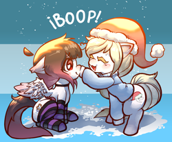Size: 2300x1900 | Tagged: safe, artist:srporpoise, oc, oc only, oc:arwencuack, oc:chuckles, earth pony, pegasus, pony, adorable face, boop, christmas, clothes, cute, hat, heart, heart eyes, holiday, santa hat, snow, snowfall, socks, striped socks, wingding eyes