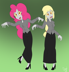 Size: 4488x4676 | Tagged: safe, artist:bageloftime, applejack, pinkie pie, human, undead, zombie, equestria girls, g4, clothes, duo, gradient background, halloween, halloween 2023, holiday, long skirt, skirt