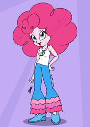 Size: 1754x2480 | Tagged: safe, artist:tmntsam, pinkie pie, human, equestria girls, g4, afro, alternate clothes, alternate hairstyle, bellbottoms, clothes, hand on hip, pose, signature, solo, tank top