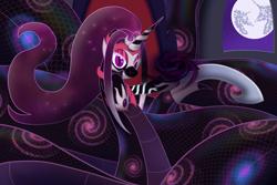 Size: 3000x2000 | Tagged: safe, artist:highfeather, artist:mightyshockwave, oc, oc only, oc:lumo, lamia, original species, armor, coils, fangs, high res, looking at you, magic, mare in the moon, moon, nightmarified, ponytail, smiling, space