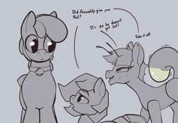 Size: 2937x2036 | Tagged: safe, artist:storyteller, oc, oc only, oc:fecundity, oc:omelette, oc:rowdy spout, bug pony, insect, annoyed, antennae, bell, bell collar, cat bell, collar, dialogue, female, grayscale, high res, male, mare, monochrome, naive, sketch, stallion