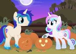 Size: 7002x5000 | Tagged: safe, artist:lovinglypromise, oc, oc only, oc:lovely promise, oc:ritzy tone, pony, unicorn, absurd resolution, female, fence, halloween, holiday, jack-o-lantern, male, mare, moon, not flurry heart, pumpkin, stallion