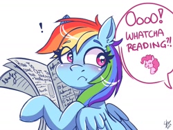 Size: 1800x1361 | Tagged: safe, artist:galaxy swirl, pinkie pie, rainbow dash, earth pony, pegasus, pony, g4, blushing, ear fluff, eye clipping through hair, eyebrows, eyebrows visible through hair, female, implied appledash, implied lesbian, implied shipping, looking back, newspaper, offscreen character, partially open wings, simple background, white background, wings