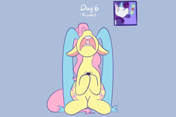 Size: 2048x1365 | Tagged: safe, artist:mscolorsplash, fluttershy, rarity, pegasus, pony, spider, unicorn, g4, blue background, bug spray, crying, dead, duo, eyes closed, female, glowing, glowing horn, horn, levitation, magic, mare, nose in the air, ocular gushers, offscreen character, open mouth, ponytober, simple background, sitting, telekinesis, volumetric mouth