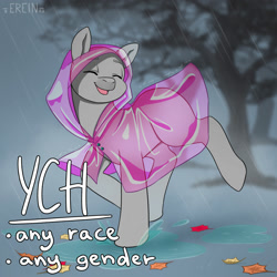 Size: 2000x2000 | Tagged: safe, artist:erein, pony, advertisement, any gender, any race, auction, auction open, autumn, commission, ears up, high res, leaves, puddle, rain, raincoat, smiling, solo, wet, ych sketch, your character here