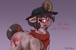 Size: 2459x1633 | Tagged: safe, artist:reddthebat, oc, oc only, oc:number nine, earth pony, pony, bandana, blushing, chest fluff, dialogue, female, floppy ears, frown, gradient background, headlamp, helmet, mare, mining helmet, signature, solo, sweat