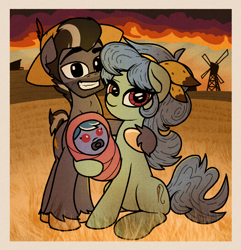 Size: 1458x1511 | Tagged: safe, artist:yamston, oc, oc only, oc:doremi, oc:little fawn, oc:oat bucket, earth pony, pony, fanfic:living the dream, 2023, baby, family, family photo, fanfic art, female, hairband, hat, male, mare, oc x oc, pink eyes, shipping, smiling, stallion, straight, sunset, trio, two toned mane, windmill