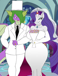 Size: 1700x2200 | Tagged: safe, artist:gh0stzr01, rarity, spike, dragon, anthro, g4, bouquet, breasts, bride, busty rarity, clothes, dress, female, fire ruby, flower, gem, groom, hat, jewelry, lipstick, looking at each other, looking at someone, male, marriage, necklace, pearl necklace, ring, ruby, ship:sparity, shipping, smiling, straight, suit, throne room, top hat, tuxedo, wedding, wedding dress, wedding ring, wedding suit, wedding veil, winged spike, wings