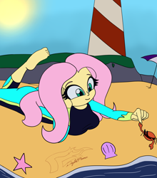 Size: 3700x4200 | Tagged: safe, artist:digi1talpho3nix, fluttershy, crab, human, equestria girls, g4, beach, breasts, clothes, female, fluttershy's wetsuit, lighthouse, solo, swimsuit, wetsuit