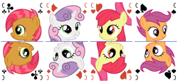 Size: 6400x3000 | Tagged: safe, artist:parclytaxel, apple bloom, babs seed, scootaloo, sweetie belle, earth pony, pegasus, pony, unicorn, series:parcly's pony pattern playing cards, g4, .svg available, absurd resolution, bust, cutie mark crusaders, female, filly, foal, grin, looking at you, playing card, portrait, rotational symmetry, simple background, smiling, smiling at you, tarot card, vector, white background