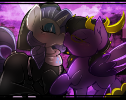 Size: 1281x1015 | Tagged: safe, artist:malachimoet, rarity, oc, oc:dio, oc:dio devoid, alicorn, pony, unicorn, g4, adorable face, antlers, black and yellow tail, black bars, black hair, black tail, cute, eyes closed, glasses, heart, kissing, male, male oc, nun outfit, nun rarity, outline, purple fur, purple mane, shipping, tail, wings, yellow eyes, yellow highlights, yellow tail