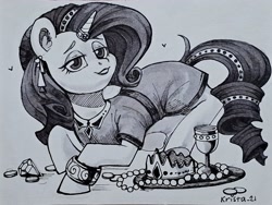 Size: 2048x1543 | Tagged: safe, artist:krista-21, rarity, pony, unicorn, g4, black and white, bracelet, clothes, crown, dress, ear piercing, earring, female, goblet, grayscale, horn, horn ring, inktober, inktober 2023, jewelry, lidded eyes, looking at you, mare, monochrome, necklace, pearl necklace, piercing, regalia, ring, signature, smiling, smiling at you, solo, traditional art