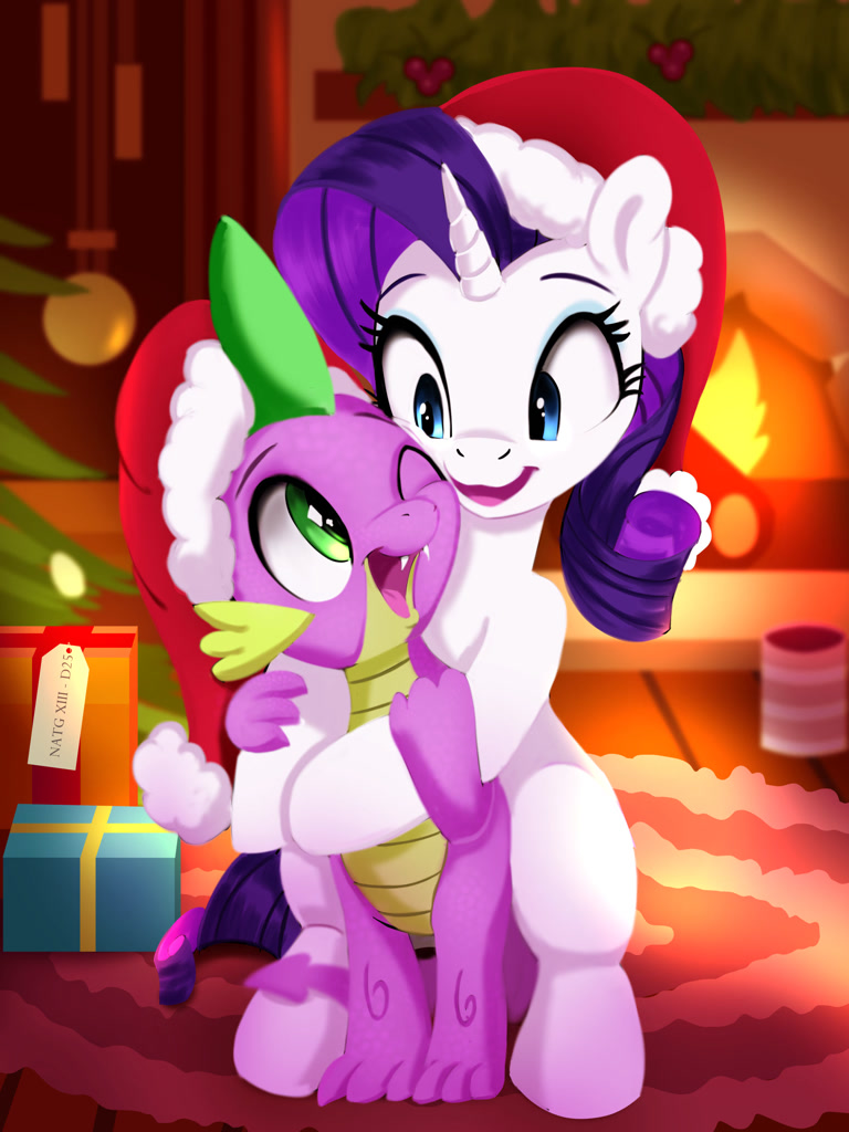 [bauble,bipedal,christmas,decoration,dragon,female,fireplace,hat,holiday,hug,male,newbie artist training grounds,open mouth,pony,present,rarity,safe,santa hat,shipping,spike,straight,unicorn,one eye closed,christmas ornament,artist:darksly,atg 2023,ship:sparity]