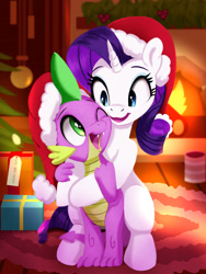 Size: 1800x2400 | Tagged: safe, artist:darksly, rarity, spike, dragon, pony, unicorn, g4, atg 2023, bauble, bipedal, christmas, christmas ornament, decoration, duo, female, fireplace, hat, holiday, hug, male, newbie artist training grounds, one eye closed, open mouth, present, santa hat, ship:sparity, shipping, straight