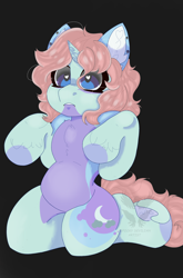 Size: 1960x2969 | Tagged: safe, artist:spookydevilanartist, derpibooru exclusive, oc, oc only, oc:dream delight, pony, unicorn, black background, chest fluff, ear piercing, heart, heart eyes, kneeling, piercing, simple background, solo, wingding eyes