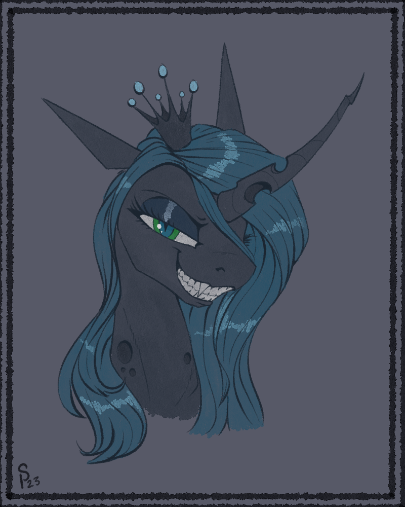 [changeling,changeling queen,fangs,female,horn,mare,queen chrysalis,safe,solo,lidded eyes,curved horn,long horn,artist:stray prey,sternocleidomastoid]