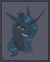 Size: 800x1000 | Tagged: safe, artist:stray prey, queen chrysalis, changeling, changeling queen, g4, curved horn, fangs, female, horn, lidded eyes, long horn, mare, solo, sternocleidomastoid