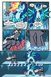 Size: 1567x2351 | Tagged: safe, artist:virmir, oc, oc:snowmare doom, oc:virmare, deer, pony, reindeer, unicorn, comic:so you've become a pony villain, blast, castle, comic, determined look, dialogue, fake alicorn, fake wings, fire, fire magic, ice, ice castle, ice deer, leaping, melting, missing cutie mark, onomatopoeia, sliding, sound effects, sparkles, speech bubble, surprised, unsound effect