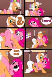 Size: 2500x3679 | Tagged: safe, artist:nika-rain, oc, oc:posy stand, oc:sora strives, earth pony, pony, comic:a sticky situation, butt, comic, commission, high res, plot, show accurate, solo, stuck