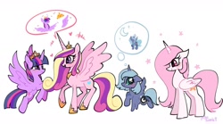 Size: 1728x960 | Tagged: safe, artist:petaltwinkle, princess cadance, princess celestia, princess luna, twilight sparkle, alicorn, pony, g4, alicorn tetrarchy, blushing, female, filly, heart, heart eyes, mare, new crown, pictogram, pink-mane celestia, simple background, sisters-in-law, speech bubble, spread wings, twilight sparkle (alicorn), white background, wingding eyes, wings, woona, younger