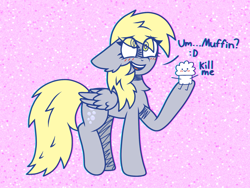 Size: 1600x1200 | Tagged: safe, artist:scarecrowkitty, derpy hooves, pegasus, pony, g4, asdfmovie, blushing, cross-eyed, eye clipping through hair, female, fluffy, food, mare, mr. muffin, muffin, smiling, solo, talking to viewer