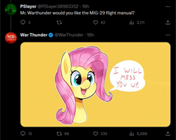 Size: 601x477 | Tagged: safe, artist:another_pony, fluttershy, pegasus, pony, g4, dialogue, fighter, jet fighter, meta, mig-29, simple background, speech bubble, threat, twitter, war thunder, war thunder leaks