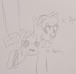 Size: 1756x1700 | Tagged: safe, artist:pony quarantine, oc, oc only, oc:dyx, oc:filly anon, alicorn, earth pony, pony, dialogue, duo, female, filly, grayscale, monochrome, pencil drawing, traditional art