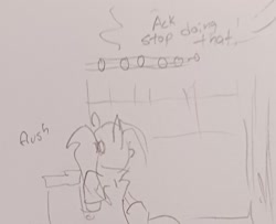 Size: 1836x1491 | Tagged: safe, artist:pony quarantine, oc, oc:dyx, alicorn, pony, bathroom, female, filly, foal, grayscale, monochrome, offscreen character, pencil drawing, solo, toilet, traditional art