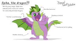 Size: 5570x3000 | Tagged: safe, artist:parrpitched, spike, dragon, comic:the special talent initiative, g4, alternate universe, beak, bipedal, concept art, feather, hybrid wings, male, redesign, simple background, solo, standing, text, white background, wings