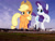 Size: 1600x1200 | Tagged: safe, anonymous editor, artist:cloudy glow, edit, applejack, rarity, earth pony, pony, unicorn, g4, cowboy hat, duo, female, giant pony, giantess, hat, highrise ponies, irl, macro, mare, nebraska, omaha, photo, ponies in real life, raised hoof, stetson, story included