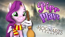 Size: 1920x1080 | Tagged: safe, artist:pika-robo, pipp petals, pegasus, pony, series:pipp plays, g4, g5, 3d, broom, clothes, fake thumbnail, female, g5 to g4, gamer pipp, generation leap, harry potter (series), hogwarts legacy, let's play, mare, scarf, smiling, source filmmaker, this will end in tears, wing hands, wings, youtube thumbnail