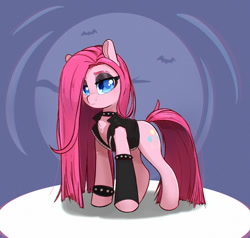 Size: 1000x952 | Tagged: safe, artist:inkypuso, pinkie pie, earth pony, pony, g4, choker, clothes, eyeshadow, female, goth, gothic pinkie, leather, leather vest, lidded eyes, looking at you, makeup, mare, pinkamena diane pie, solo, spiked choker, spiked wristband, vest, wristband