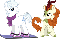 Size: 7392x4919 | Tagged: safe, artist:abion47, artist:aeonkrow, edit, autumn blaze, double diamond, earth pony, kirin, pony, g4, sounds of silence, the cutie map, absurd resolution, autumndiamond, clothes, cloven hooves, duo, duo male and female, eyebrows, female, lidded eyes, male, raised eyebrow, raised hoof, scarf, shipping, simple background, skis, smiling, stallion, straight, transparent background, vector