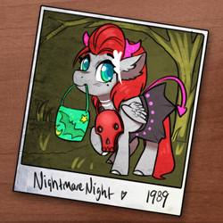 Size: 2700x2700 | Tagged: safe, artist:opalacorn, oc, oc:void, pegasus, pony, bag, ballerina, candy bag, clothes, costume, female, filly, foal, halloween, halloween costume, high res, laurel wreath, mole, mouth hold, nightmare night costume, polaroid, solo
