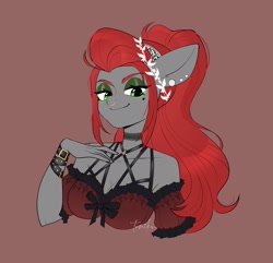 Size: 2451x2367 | Tagged: safe, artist:tomi_ouo, oc, oc only, oc:void, pegasus, anthro, bare shoulders, breasts, brown background, bust, busty oc, choker, cleavage, female, high res, lidded eyes, looking at you, mole, nose piercing, nose ring, piercing, signature, simple background, smiling, smiling at you, solo