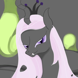 Size: 1280x1280 | Tagged: safe, artist:bevendre, fleur-de-lis, oc, oc:queen papillon, changeling, changeling queen, g4, cave, changeling egg, changeling oc, changeling queen oc, changelingified, cocoon, colored sclera, crown, egg, fangs, female, gray background, hive, jewelry, lavender eyes, lavender sclera, regalia, simple background, slit pupils, solo, species swap, tiara, tumblr:papillon's hive