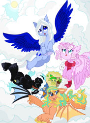 Size: 1475x2011 | Tagged: safe, artist:alulabelfry, oc, oc only, oc:candy heart, oc:fern leaf, oc:midnight, oc:quantum infinitely, oc:sunlight glow, bat pony, pegasus, pony, bat pony oc, cloud, flying, ms paint, newbie artist training grounds, pegasus oc